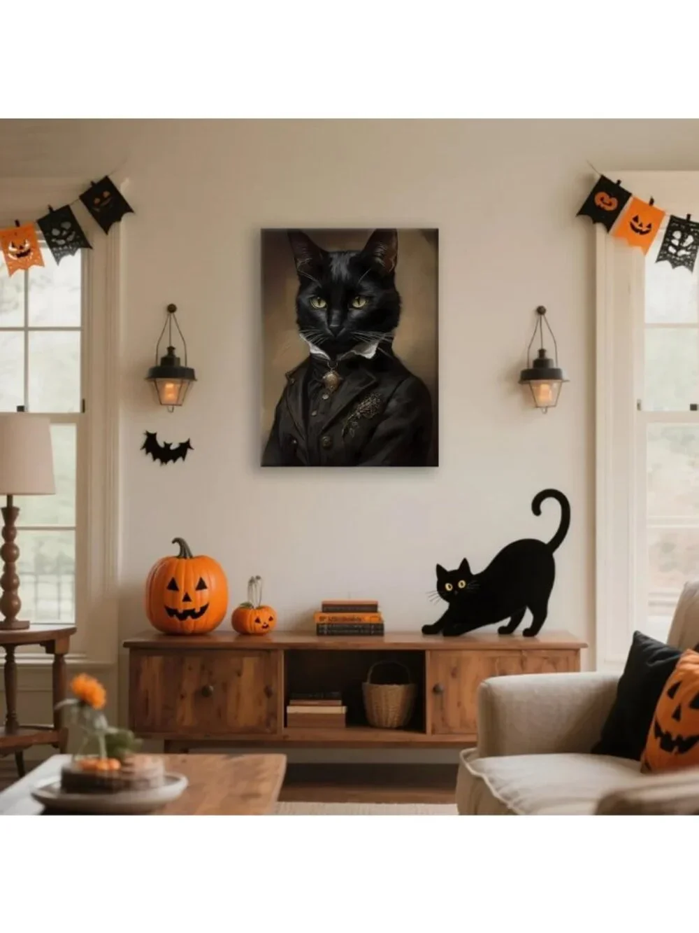 Gothic Black Cat Canvas Wall Art 11.5x15 - Dark Academia Decor, Halloween & Cat